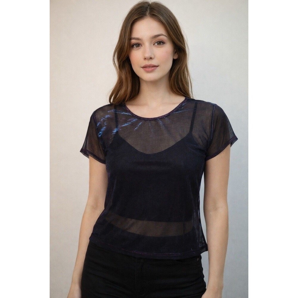 Iridescent Women M Sheer Mesh Top Metallic Whimsigoth Grunge Festival Rave Fairy